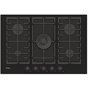 Haier Serie 2 HAVG75S2B gaskookplaat, 5 vlammen, breedte 75 cm, totaal vermogen 12,9 kW, centrale bediening, 9 standen, gietijzeren rooster, Preci Flame, zwart glas