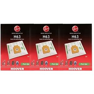 Hoover H63 stofzuigerzakken, origineel, van microvezel, 3 verpakkingen met elk 4 zakken, Pure EPA, geurremmend systeem met actieve kool, compatibel met sledestofzuigers Hoover