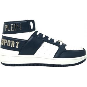Plein Sport Hi-Top Vet merk witte en marineblauwe sneakers