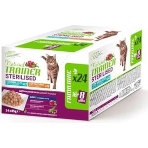 Trainer Gesteriliseerd natvoer voor volwassen katten, multipack kalkoen en kabeljauw, 24 x 85 g