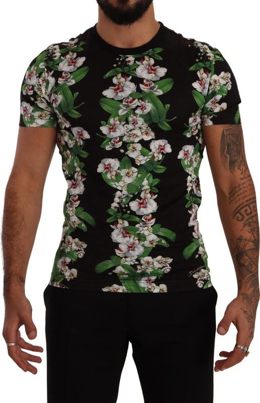 Zwart T-shirt met ronde hals en bloemenprint