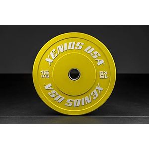 Xenios USA Rubberen bumper plaat met centrale roestvrij stalen ring, geel, 15 kg, PSBPRBPL15