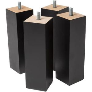 IPEA 4 x houten poten, rechthoekig, voor meubels en banken, kleur: zwart, 4 stuks poten voor kasten, fauteuils, bedden, elegante houten poten, hoogte 180 mm