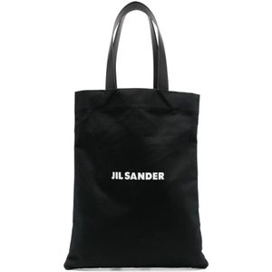 Jil Sander, Tassen, Heren, Zwart, ONE Size, Katoen, Logo Print Tote Bag, Zwart/Wit