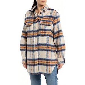 Replay Lange geruite flanellen blouse voor dames, 010 crème/koningsblauw/donkerbruin/baksteen