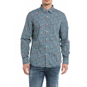 REPLAY - Bedrukt Recht Hemd - Blauw - Katoen - Lange Mouwen