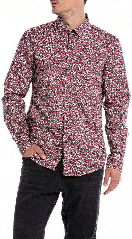 REPLAY - Bedrukt Recht Hemd - Rood - Katoen