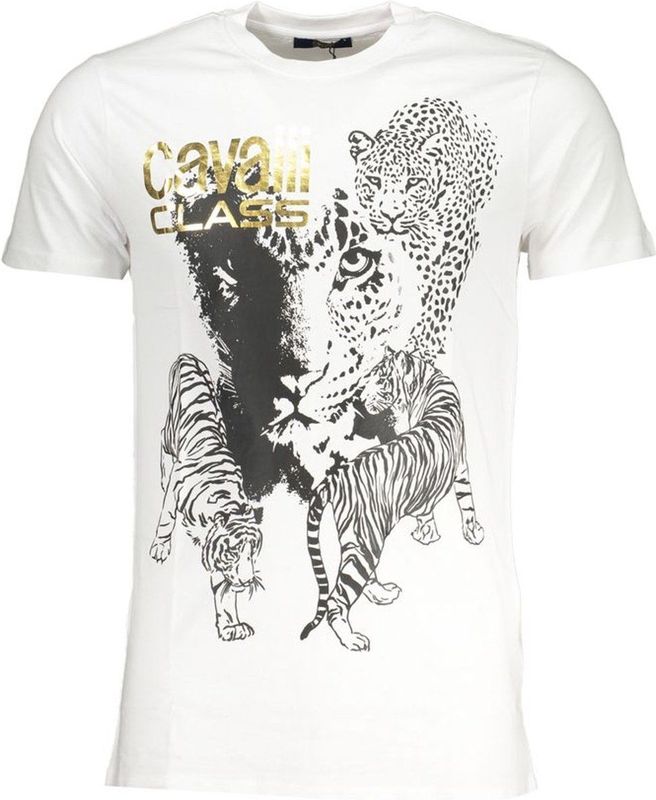 Cavalli Class - Witte Animal Print T-shirt - Heren - Katoen - Crew Neck