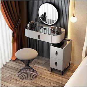 Kaptafel Vanity Set Met Glazen Blad Met Ronde Smart Touch Spiegel Kaptafel 5 Laden Thuis Gestoffeerde Kruk Vanity Bureau