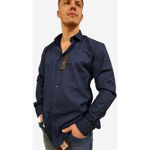 Napoli Uomo - Overhemd - Blauw met Print - Lichte Stretch - Regular Pasvorm