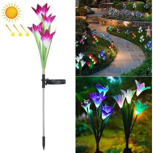 Gesimuleerde Lily Flower 4 Heads Solar Powered Outdoor IP55 Waterproof LED Decoratieve Gazonlamp  Kleurrijk Licht (Paars)