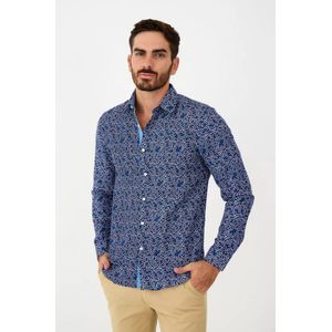 Yves Enzo - Slim Fit Overhemd - Blauw - FOGLIA-print - Strijkvrij