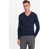 Ombre - Heren V-Hals Sweater - Ribgebreide Boorden - Navy - Italianstyle