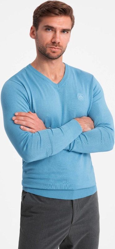 Ombre - Heren V-Hals Sweater - Ribgebreide Boorden - Navy - Italianstyle