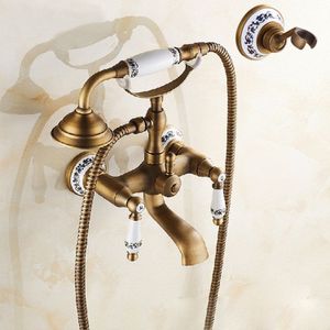 Antieke koperen muur gemonteerde badkamer tub kraan Dual keramiek behandelt telefoon stijl hand douche  specificatie: telefoon douche + blauwe en witte vaste zitting