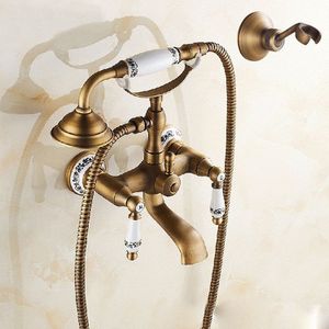 Antieke koperen muur gemonteerde badkamer tub kraan Dual keramiek behandelt telefoon stijl hand douche  specificatie: telefoon douche + vaste zitting