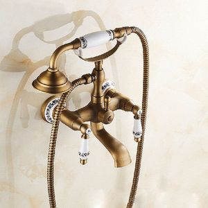 Antieke koperen muur gemonteerde badkamer tub kraan Dual keramiek behandelt telefoon stijl hand douche  specificatie: blauwe en witte telefoon douche