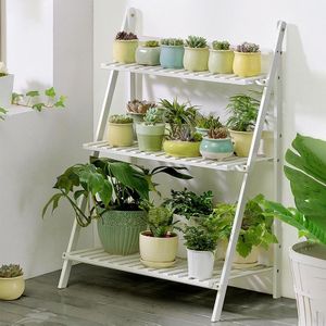 Bamboe 3-tier opknoping plant stand planter planken bloem pot opslag rek vouwen display rekken planten plat  breedte: 70cm (wit)