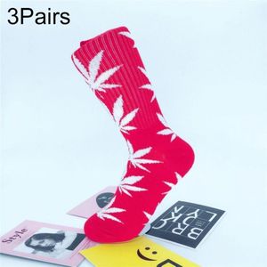 3 Pairs High Tube Hemp Leaves Female Men Trend Wild Maple Leaf Students Cotton European and American Style Socks(Red and White)