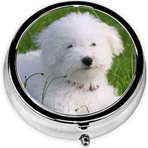 Bichon on The Grass Print Pillendoosje 3 Compartimenten Kleine Pillenetui met Spiegel Pillen Organizer voor Outdoor Travel Pocket Purse