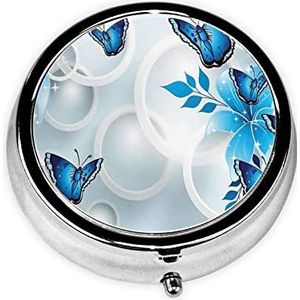Blauwe Vlinder Bloemenprint Pillendoos 3 Compartiment Kleine Pillen Case met Spiegel Pil Organizer voor Outdoor Reizen Pocket Purse