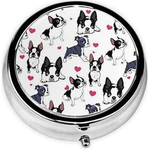 Boston Terrier Rood Hart Hond Print Pillendoos 3 Compartimenten Kleine Pil Case met Spiegel Pillen Organizer voor Outdoor Reizen Pocket Portemonnee