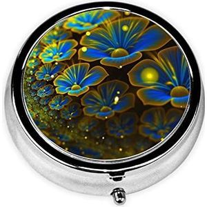 Blauwe Gouden Bloemenprint Pillendoos 3 Compartiment Kleine Pil Case met Spiegel Pil Organizer voor Outdoor Reizen Pocket Purse