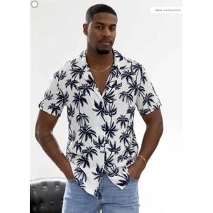 Frivilin - Heren Overhemd - Gebroken Wit - Korte Mouw - Palmprint