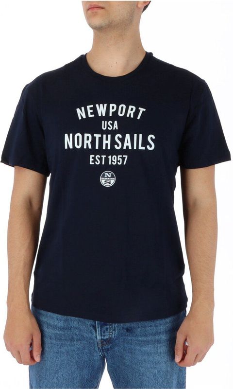North Sails - T-shirt - Blauw - Katoen - Korte Mouwen met Geribbelde Halslijn