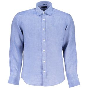 Linnen Overhemd - Blauw - Lange Mouwen - Italiaanse Kraag