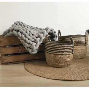 Plantenmand MAND ZWARTE STREEP - LAAG - Ø25X20 CM Naturel Bruin – Multifunctionele mand – Handgemaakt – Planten-houder – Planten Accessoires – Planten Mand