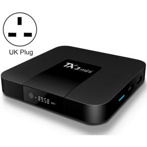 TX3 MINI 4K * 2K DISPLAY HD SMART TV Boxspeler met afstandsbediening  Android 7.1 OS AMLOGIC S905W tot 2 0 GHz  Quad Core Arm Cortex-A53  RAM: 2GB DDR3  ROM: 16GB  ondersteunt WIFI & TF & AV IN & DC In  Britse plug