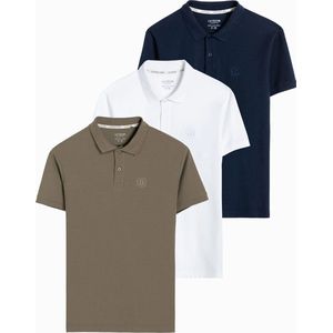 Ombre - Poloshirt Heren - Bruin Wit Navy - Combi Voordeel Pack - 3 Stuks