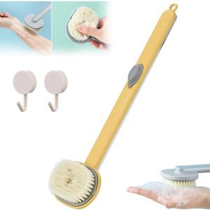Badmassage-reinigingsborstel met lange steel en zeepdispenser, lange handgreep achterdouche bad zeepdispenser massagereinigingsborstel, badborstel met lange handgreep, met aansluiting (geel)