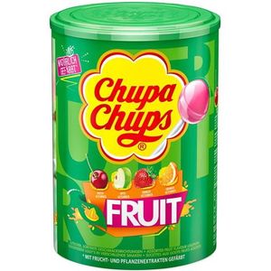 Chupa Chups - Buis 100 fruitlolly's – appel, aardbeien, sinaasappel, kersen – lolly met vruchtvlees – ideaal voor verjaardagsfeesten – Chupa Chups Box met 1,2 kg