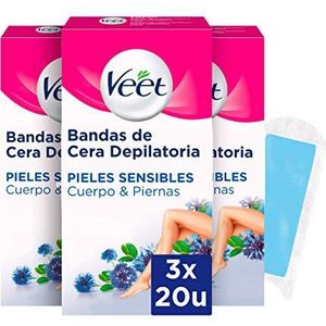 Veet Koudwaxbanden voor het ontharen van lichaam en benen met amandelolie, Easy Gelwax, gevoelige huid, 3 x 20 banden, in totaal 60 stuks
