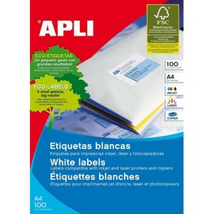 Apli witte etiketten ft 210 x 297 mm (b x h) (A4), 100 stuks, 1 per blad (1281)