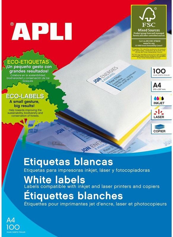 Apli witte etiketten ft 97 x 42,4 mm (b x h), 1.200 stuks, 12 per blad (1288)