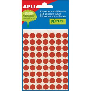 Apli ronde etiketten in etui diameter 10 mm, rood, 315 stuks, 63 per blad (2053)