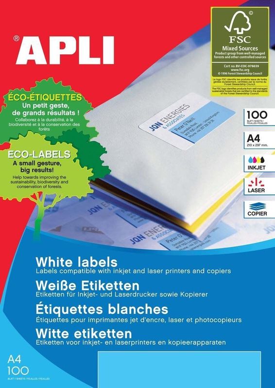 Apli - Stickers/Etiketten - Wit - A4 - 100 Lakens