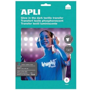 APLI 10248-3 vellen transferpapier, A4, glanzend in het donker, fluorescerend, compatibel met Ink Jet-printers