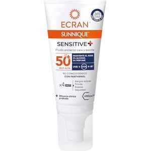 Ecran Sunnique Sensitive gezichtsbeschermingsvloeistof en decolleté, SPF + 50, panthenolformule, waterbestendig, zonder parfum en alcohol voor de gevoelige huid, 50 ml