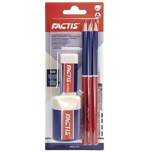 FACTIS® Blisterverpakking 1 rubber S20 + 1 puntenslijper + 3 potloden HB grafiet driehoekig