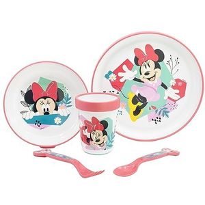 5-delig kinderservies met antislip bodem, borden, kom, glas 260 ml en bestek, BPA-vrij, Minnie Mouse Being More Mouse Mouse