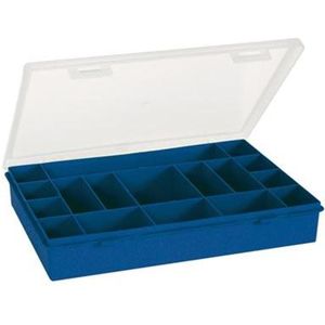 assortimentsdoos, 17 vaste compartimenten, transparant deksel, stapelbaar, 330 x 274 x 54 mm, blauw