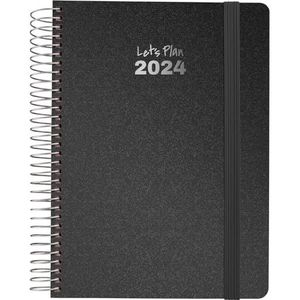 Grafoplás Jaarplanner 2024 | zwart | Spaans | 15 x 21 cm | spiraalbinding | dag voor pagina | hardcover bekleed met metallic stof | elastische sluiting | metallic serie | perfect voor het plannen van