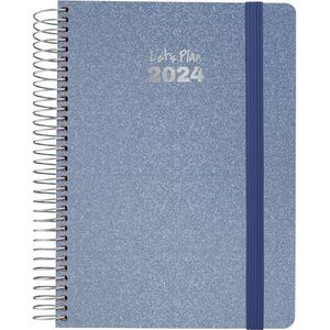 Grafoplás | Dagplanner | Jaarlijks 2024 | Arctisch blauw | Spaans | 15 x 21 cm | Spiraal | Hard deksel gevoerd met metallic stof | Elastische sluiting | Januari tot december 24 | Metallic serie