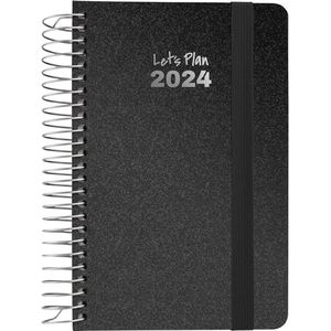 Grafoplás Agenda 2024 Jaarplanner A6 | Spaans | Dagpagina | 10,5 x 16,5 cm | Hardcover | Metallic stoffen omslag | Elastische sluiting | Metallic zwart | Serie Metallic