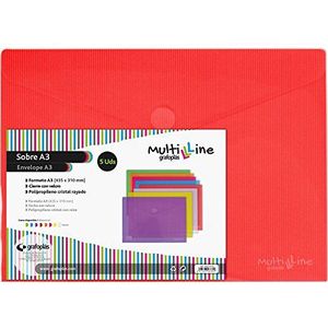 Grafoplás Multiline serie 5 enveloppen A3 kunststof enveloppen rood doorschijnend textielsluiting polypropyleen verticale strepen 43,5 x 31 x 1 cm
