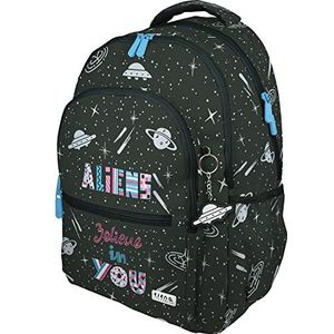 Grafoplás Schoolrugzak met drie vakken, 33 x 46 x 22,5 cm, gevoerd laptopvak, model Roomy, Aliens design, Elena Corredoira, zwart, 33 x 46 x 22,5 cm, school, zwart., School